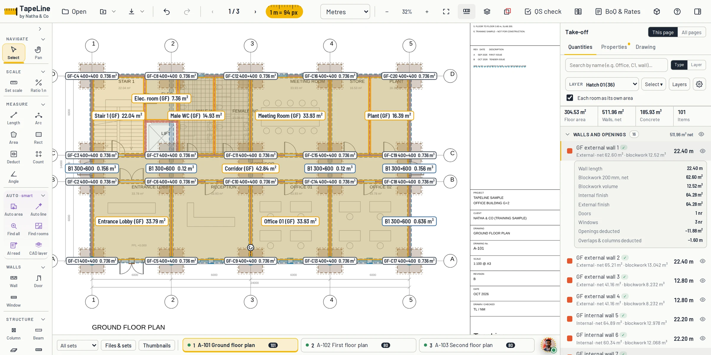 TapeLine measuring a ground floor plan: walls, columns, beams, doors, windows and rooms taken off, with wall quantities listed on the right
